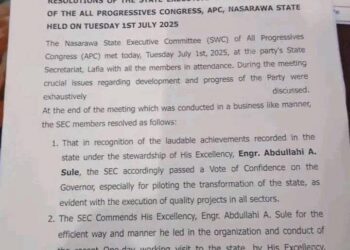 Nasarawa APC Executives Show Support for Chairman Aliyu Bello