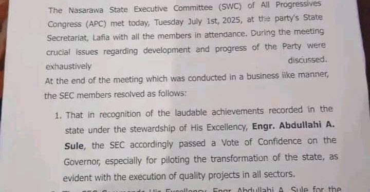 Nasarawa APC Executives Show Support for Chairman Aliyu Bello