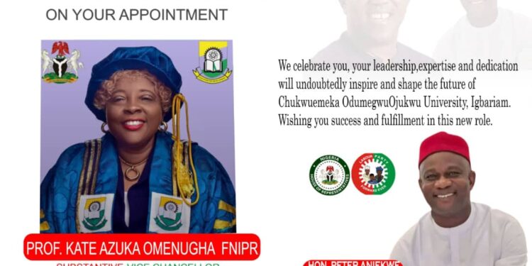 Hon. Peter Aniekwe Congratulates Prof. Kate Omenugha on Her Appointment as COOU VC